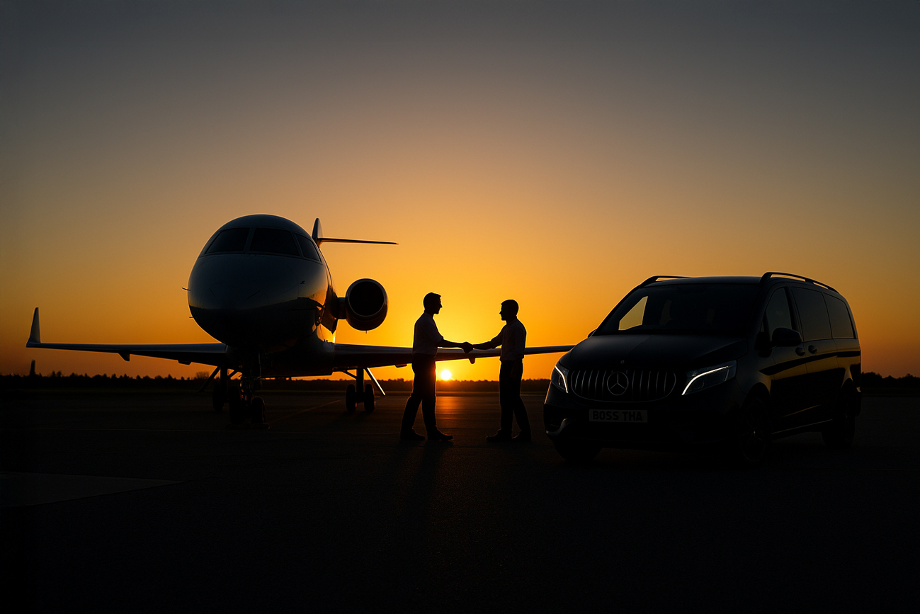 Corporate travel redefined with executive transfers, Mercedes V Class meeting private jet.