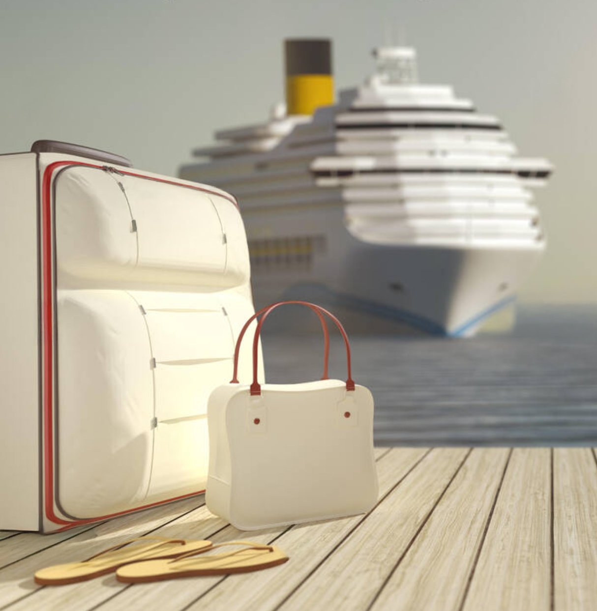 Suitcases and travel bag on dockside with cruise ship in background, symbolising cruise transfers and holiday travel