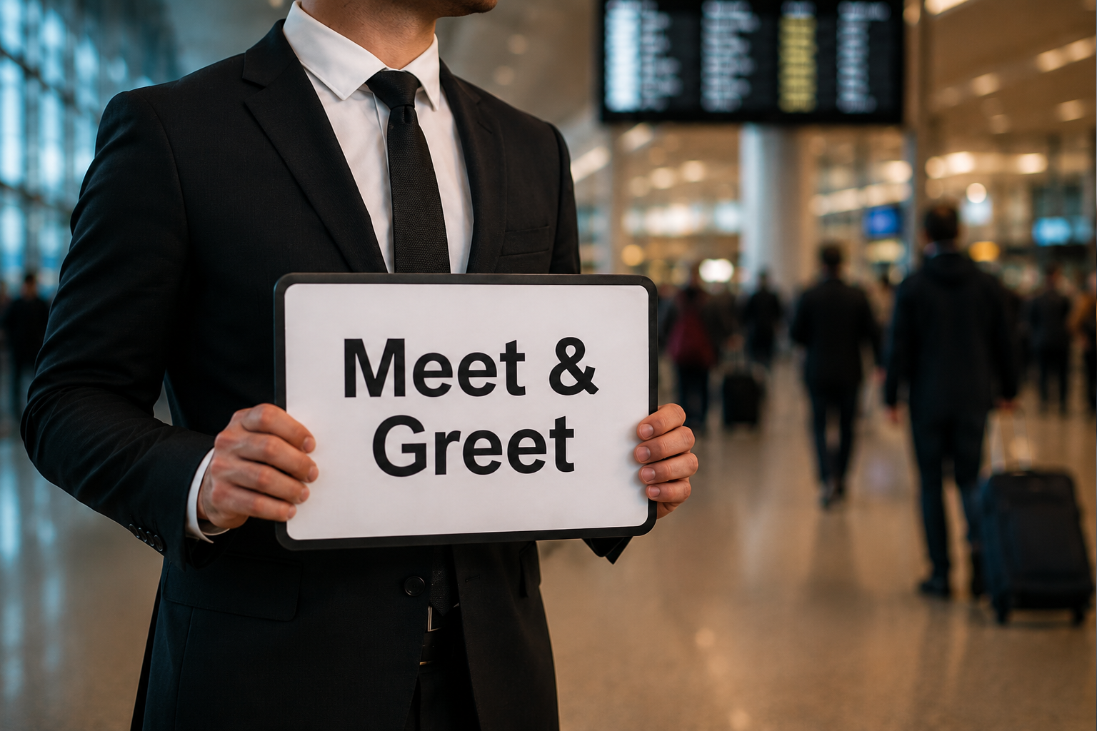 Airport meet and greet chauffeur sign Chauffeur holding a Meet and Greet sign inside an airport terminal
