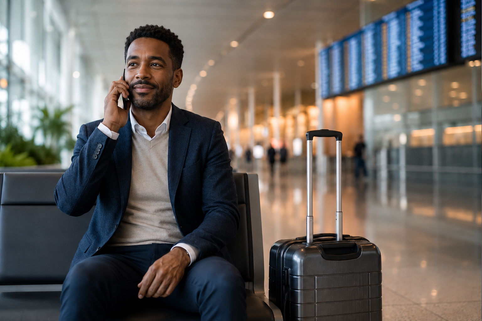 Airport transfer clear communication passenger phone Passenger speaking on a mobile phone inside an airport terminal with luggage nearby