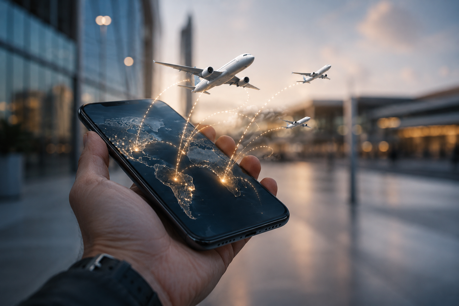 Mobile phone showing flight tracking and route connections for airport transfer planning