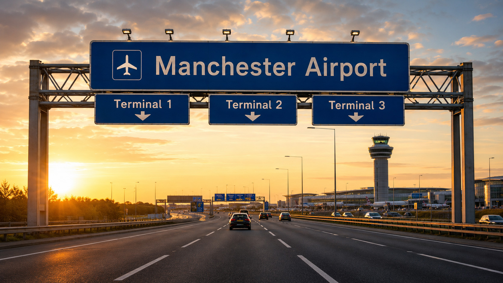 Manchester Airport Terminal Signs Motorway sign for Manchester Airport showing Terminal 1, Terminal 2 and Terminal 3
